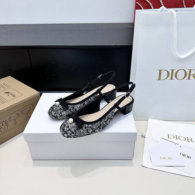 Retail Purchase Version Dior 2025 New Style Cd Pearl Bow Backless Sandals Super