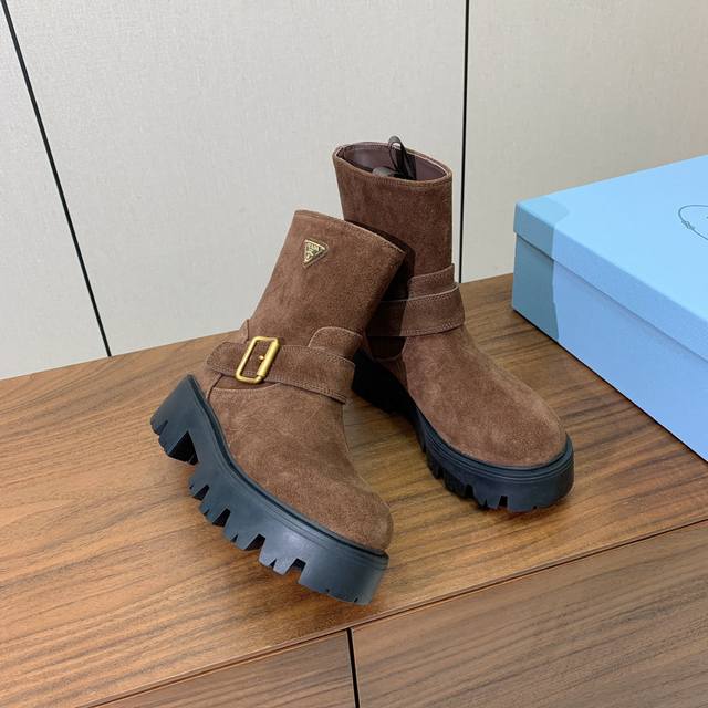 prad* Triangular Metal Logo Ankle Boots. The enamel-coated triangular metal logo