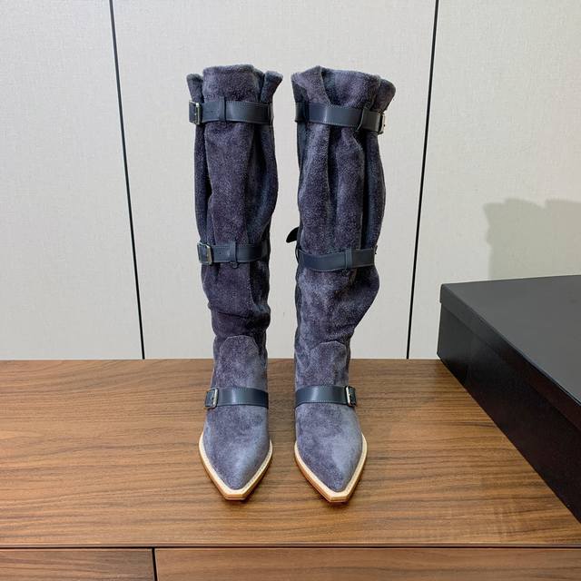 R13 Leather-trimmed Long Boots. Simple and versatile style. Denim upper with cra