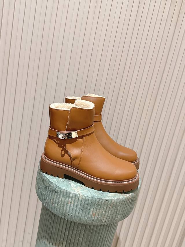 Top Version: Herme*25Ss Autumn/Winter Fleece-Lined Metal Buckle Martin Boots The