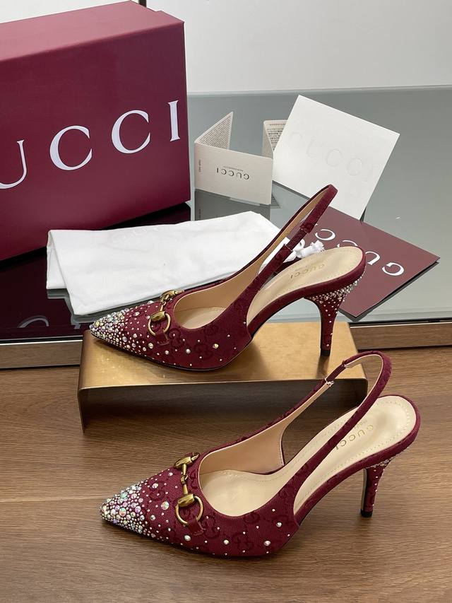 Gucci 2025 Pointed Toe High-Heeled Sandals with Multi-Faceted Iridescent Crystal