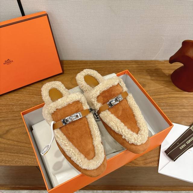 Factory direct Hermes wool mules, classic Kelly buckle closed toe slippers, cla