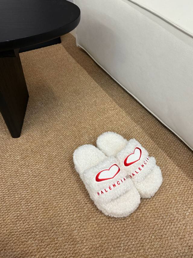 Flat Platform Slippers Balenciag*25S Autumn/Winter New Curly Sheep Wool Heart S