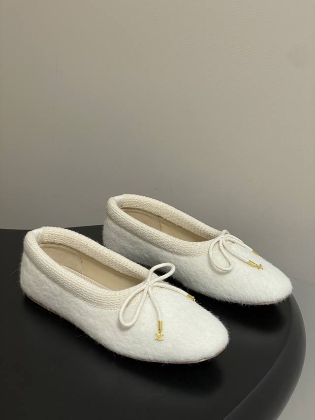 25Fw Autumn/Winter New Celine Bow Knitted Fur Flat Ballet Flats with Wool Lining