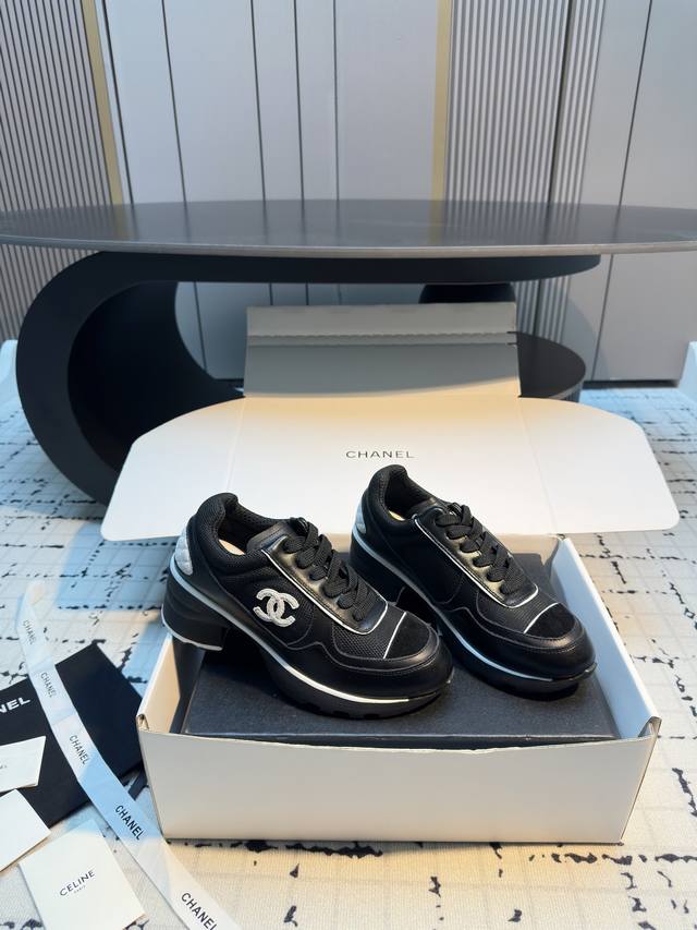 Chane* 25Ss Chanel High-Heeled Sneakers Made with a combination of leather and m