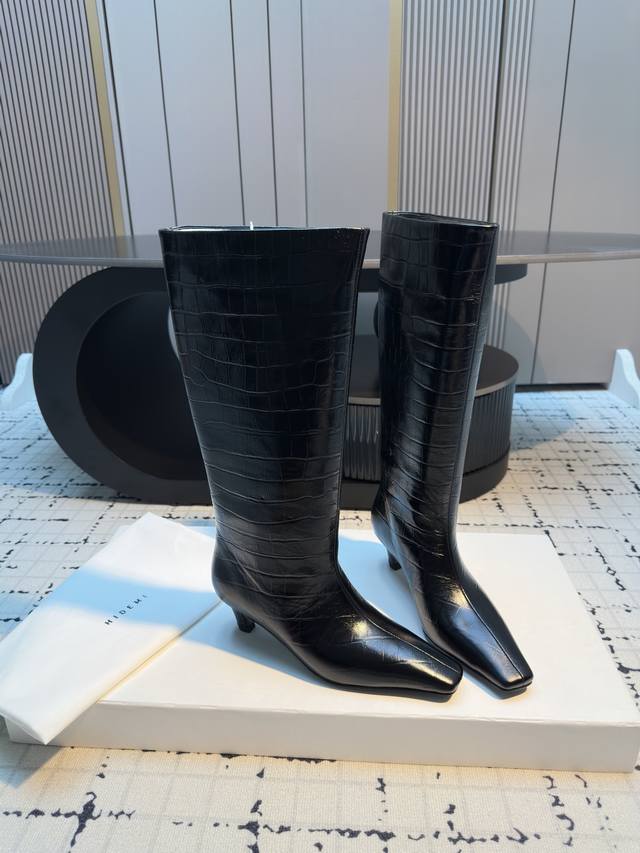 Hidem* 25Ss Square Toe Faux Crocodile Pattern Patent Leather Retro Long Boots Ma