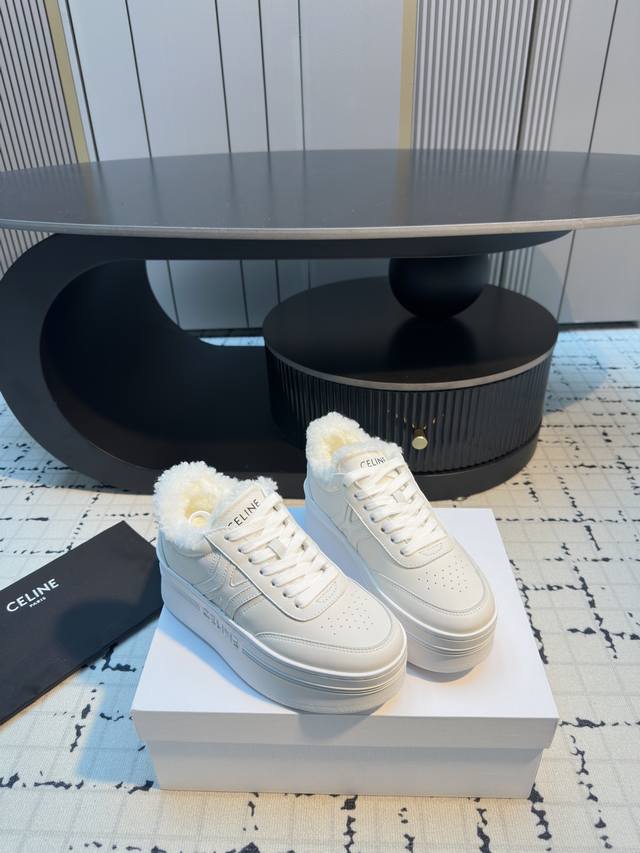 Celine Classic Autumn/Winter Platform Woolen White SneakersCeline platform white