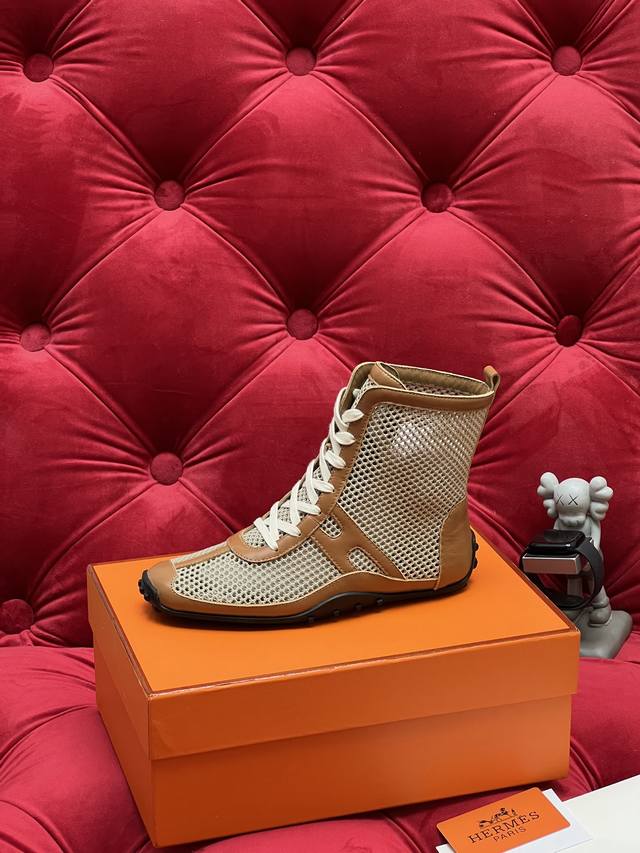 Exclusive Real Shot Top-Tier Version Hermes 25Ss New Mesh Mary Jane Ankle Boots