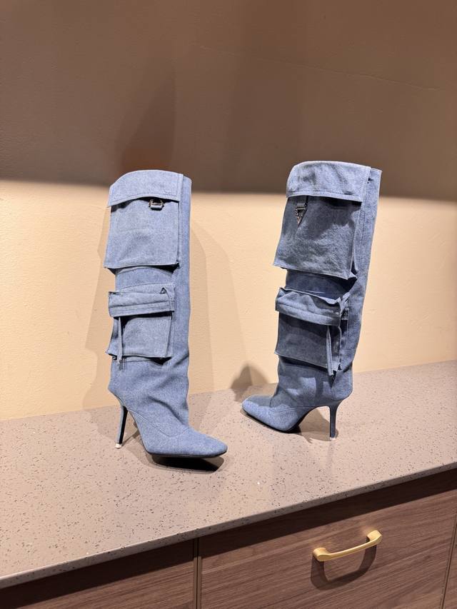 Theattico 2025 Autumn/Winter Square Toe Denim Pocket Boots 1:1 replica, the best