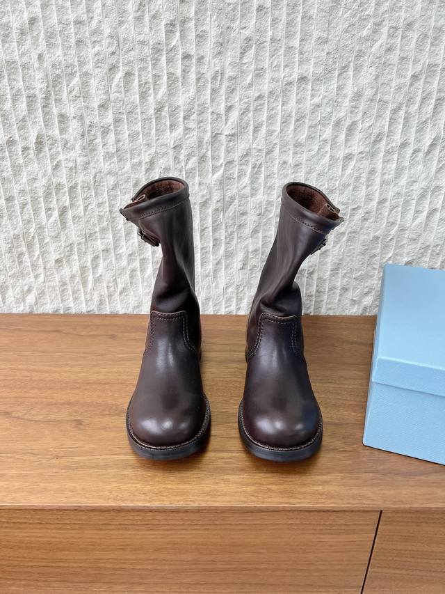 G100 Prada 25Ss Autumn/Winter New Retro Western Cowboy Boots Fashionable Motorcy