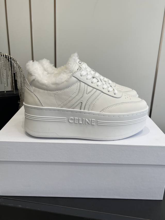 Celine 25Ss New Logo Lace-up Platform Wool-lined Casual Sneakers, White Sneakers