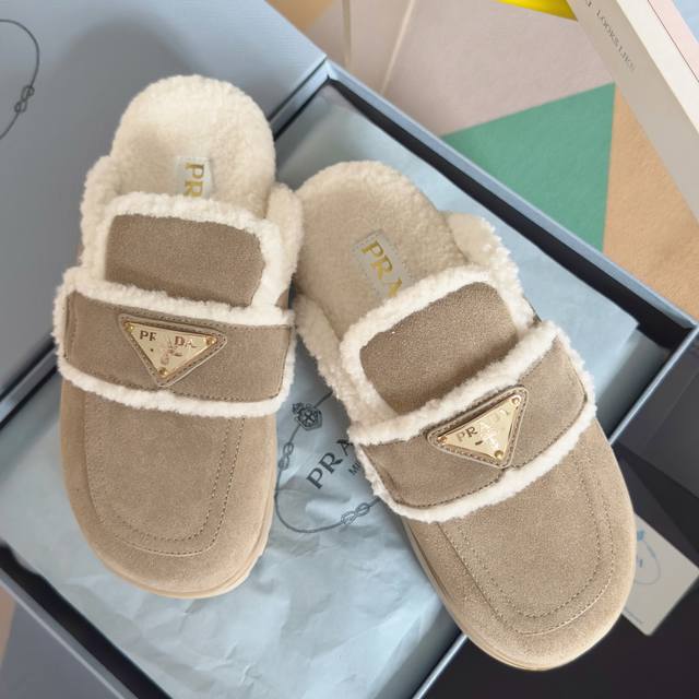 Top-tier version: Women's Prada platform warm wool slip-on loafers. Original pur