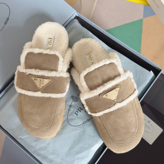 Top-tier version: Women's Prada platform warm wool slip-on loafers. Original pur