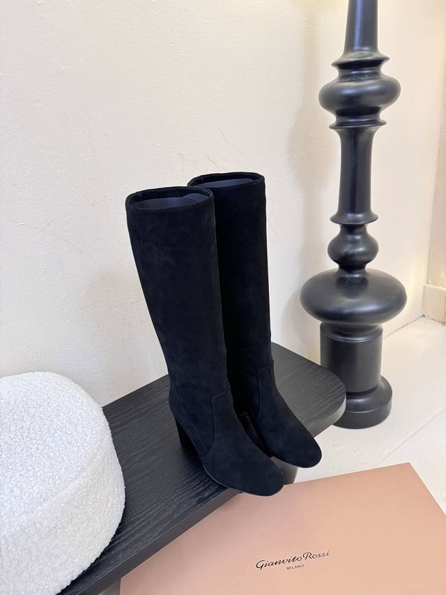 Gianvito Ross* Retro Suede Low Chunky Heel Slouch Boots Made of suede, with a de