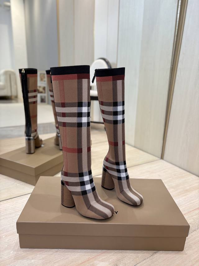 Factory Price p Exclusive Launch of Round Toe Chunky Heel Checkered Stretch Knit