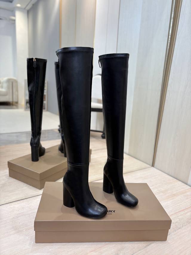 Factory Price: Exclusive Round Toe Logo Chunky Heel Stretch Knee-High Boots Bur