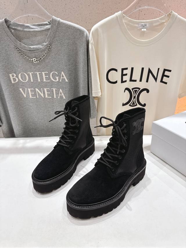 Celine New Retro Lace-up Thick-soled Mid-calf Boots, Martin Boots, Riding Boots