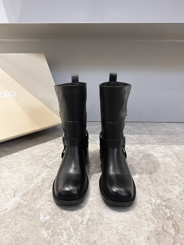 Unfoli* 25Ss Autumn/Winter New Metal Buckle Western Cowboy Boots Mid-calf boot s