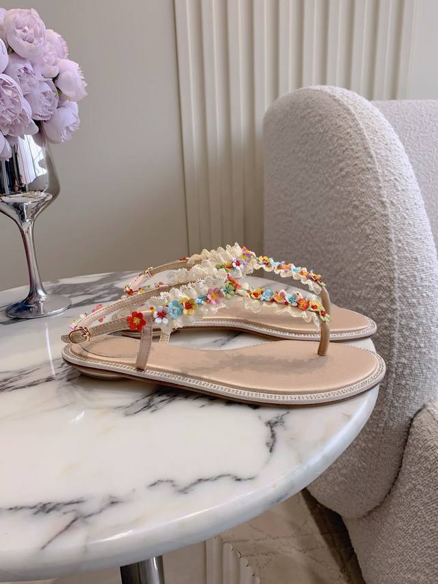 Factory Price p Ren* Caovill* Heavy-duty Lace Flower Flat Flip-Flops Bling Blin