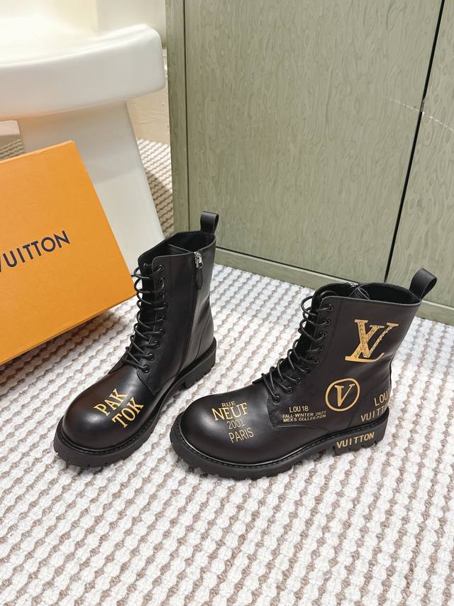 Retail-grade Louis Vuitton Graffiti Series Couple Boots with Side Zipper Lace-up