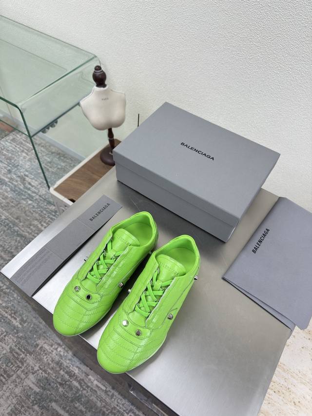 Unisex Balenciag Exclusive Pleated Cowhide Studded Sneakers Green Pleated Cowhid