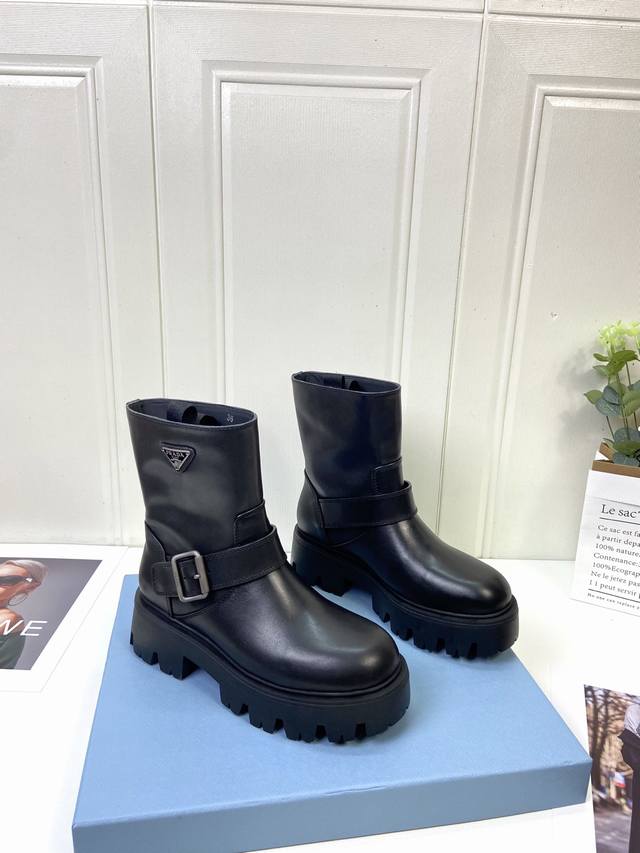 Calfskin Prada Classic Triangle Logo Slip-on Women's Ankle Boots A must-have fo