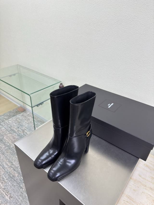 Round Toe Mid-Length Boots, a Must-Have for Long Legs, YSL High-Heeled Boots Yv