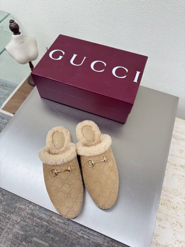 Furry Flat Classic Saddle Buckle Slippers Gucci Double G Logo Lambswool Lining