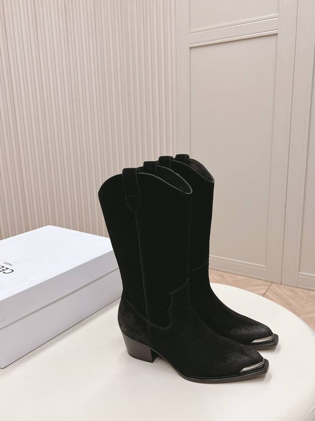 Celine's latest fashion boots in suede cowhide and calfskin uppers, a runway st