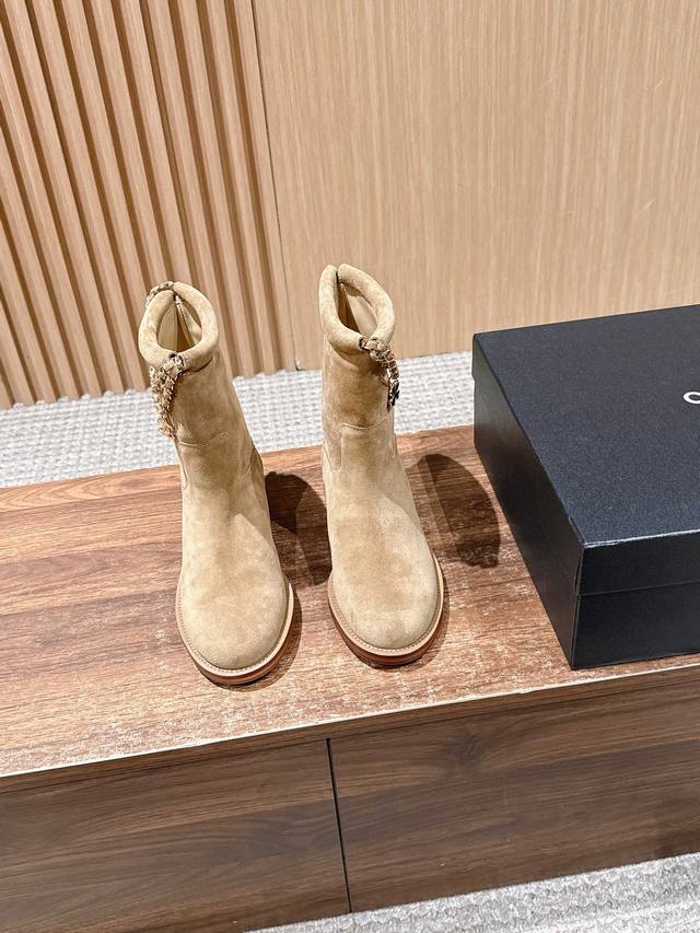 Suede Chanel New Four-Leaf Clover Double C Buckle Chain Boots, Suede Ankle Boot