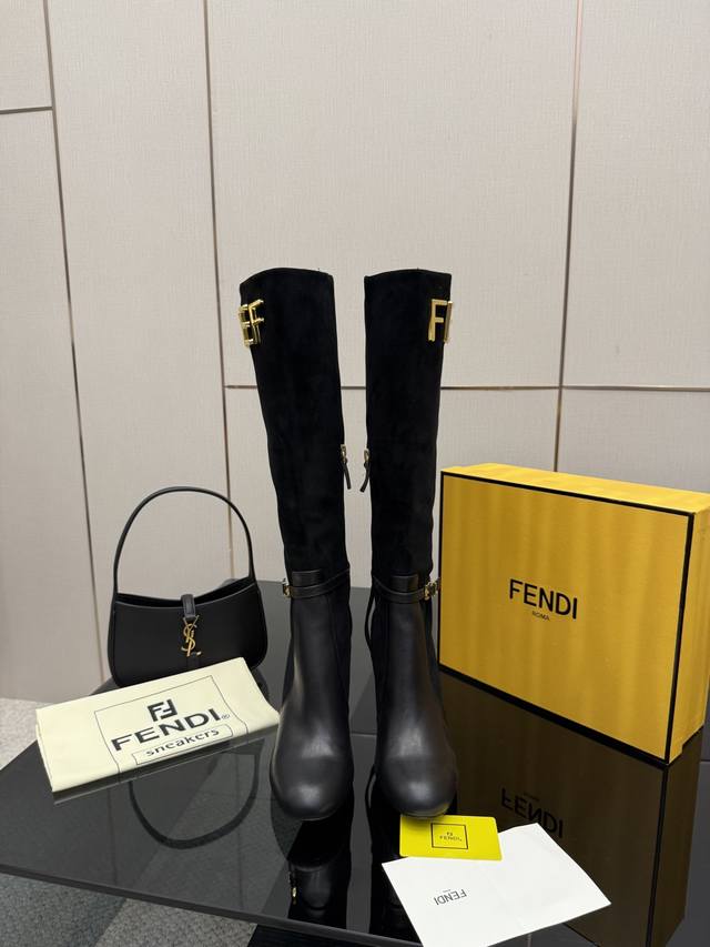 Fendi Delfina Leather High-Heeled Boots Round-toe leather Delfina boots, featuri