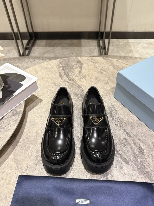Upgraded Prada platform loafers with triangle logo, 1:1 replica of the original
