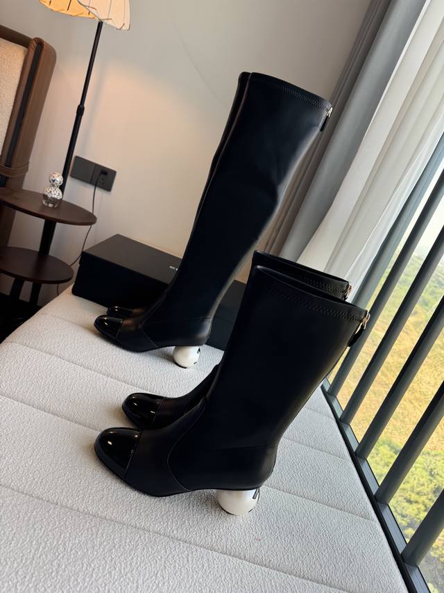 Chanel Ss New Style Over-the-Knee Elastic Boots with Large Pearl Heel, Mid-Whee