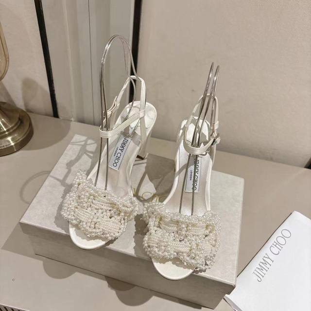 Jimmychoo Satin Pearl Chunky Heel Sandals, elegant and luxurious pearl weaving p
