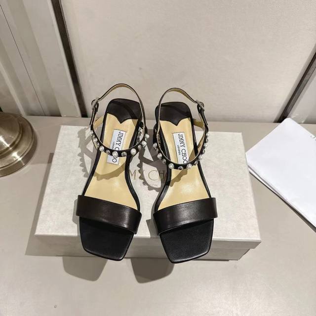 Jimmy Choo's new lambskin and pearl-embellished square-toe sandals are elegant a