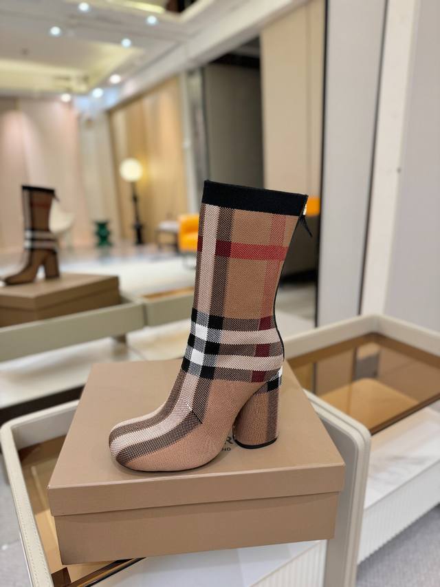 Price: Exclusive Launch of Round Toe Chunky Heel Check Stretch Knit Sock Boots B