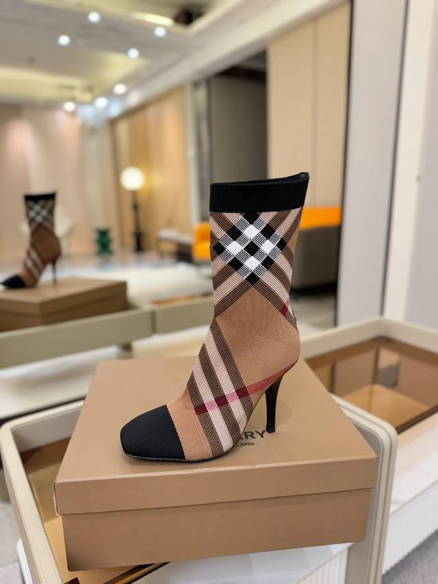 Price: Burberry Exclusive Square-Toe Stiletto Heel Checkered Stretch Knit Sock B