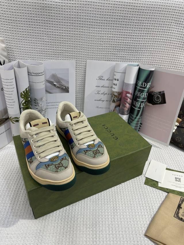 Gucci rhinestone shoes, NFC with barcode chip, high-quality distressed sneakers