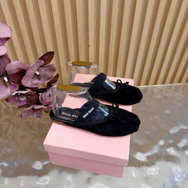 New Miu Miu Bow Ballet-Style Slip-On Slippers Series Miu Miu Slip-On Slippers