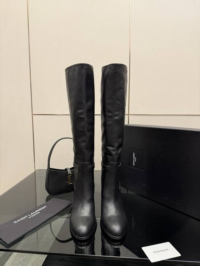 Saint Laurent High-Heeled Boots with Gold Logo Buckle, Pointed Toe Design Makes