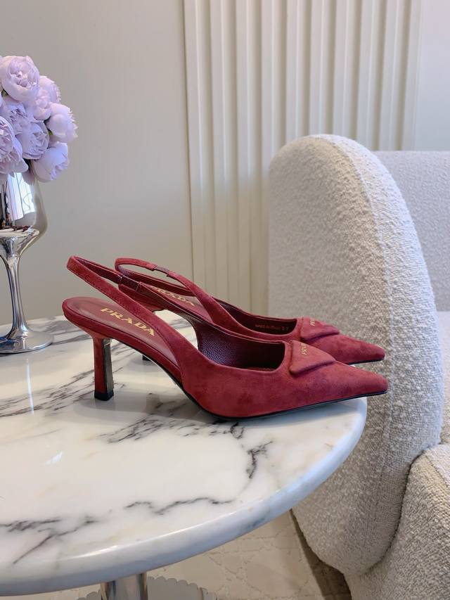 Factory Price p prad* New Pointed Toe Suede High Heels Classic Triangle Logo Em