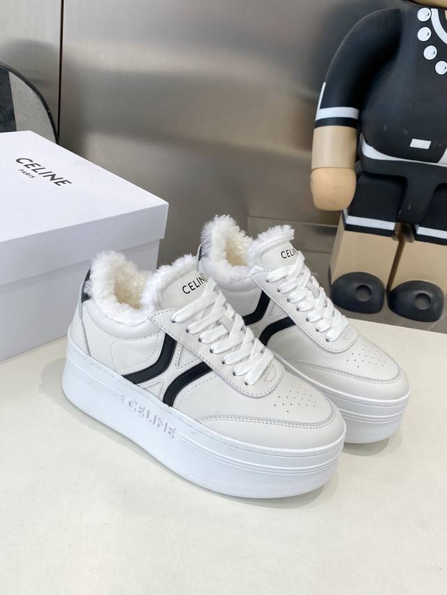 Celine New Logo Lace-up Platform Wool-lined Casual Sneakers, White Sneakers. A