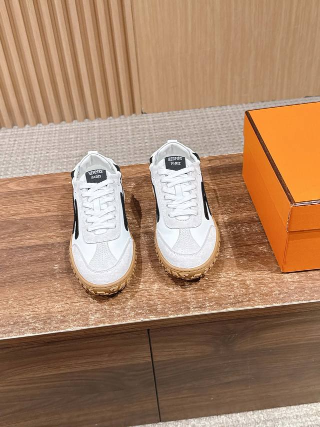 Men's Size +10# Hermes New Couple's Archand Training Shoes, White Shoes, Perfora