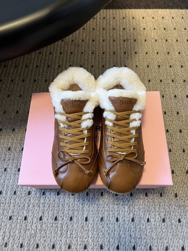 Abr* 25Ss Retro Fleece-Lined Round Toe Bow Flat Fleece-Lined German Trainer Shoe