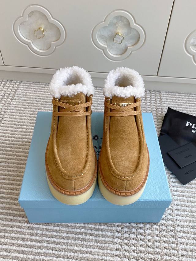 Prada New Triangle Logo Thick-Soled Wool Snow Boots, High-Top Lace-Up Ankle Boo