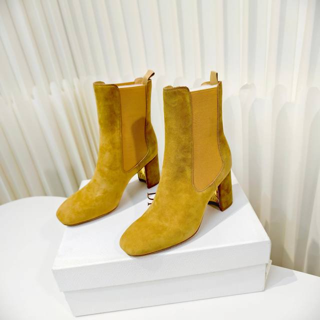 Dior High-Heeled Boots Series Metal Letter Heel Ankle Boots Elastic Chunky Heel