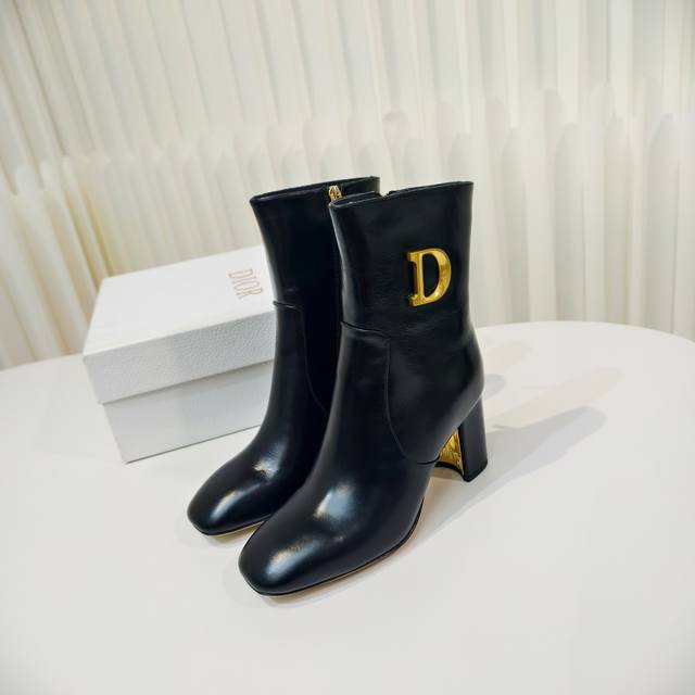 Dior High-Heeled Boots Series Metal Letter Heel Ankle Boots Elastic Chunky Heel