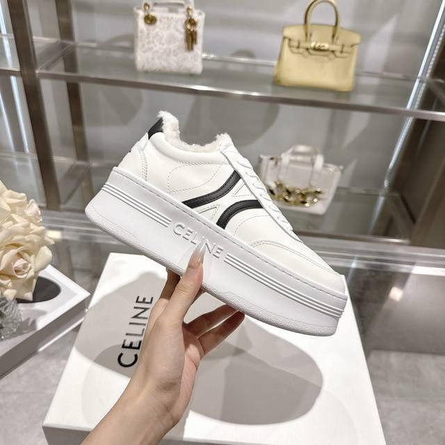 Celine Block Triomphe Leather Wedge Sneakers, Thick Sole, Wool Lined, White Snea