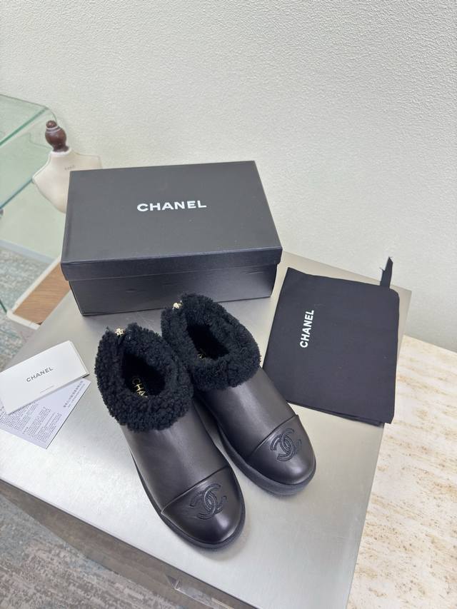 Thick-soled wool deep-cut shoes, color-blocked material Wool-lined slippers Chan