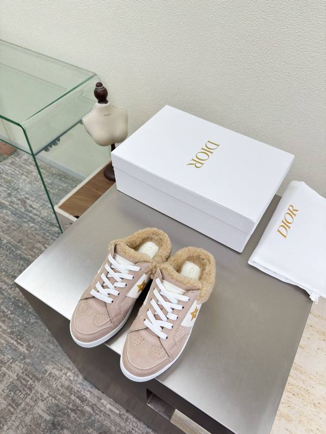 Dior Thin-Soled Wool Half-Slippers Original Version Apricot Pink with White Out